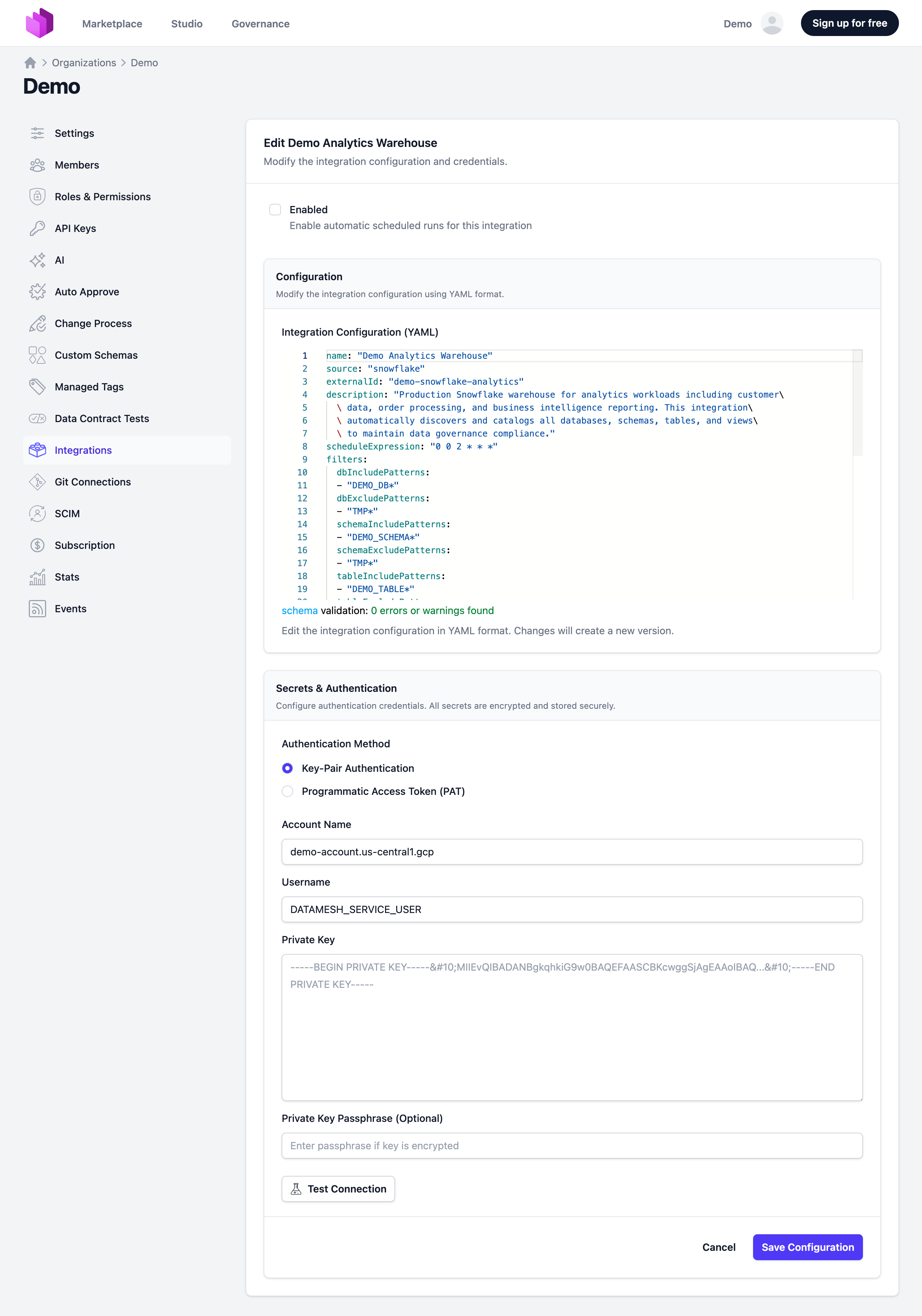 Integration configuration edit